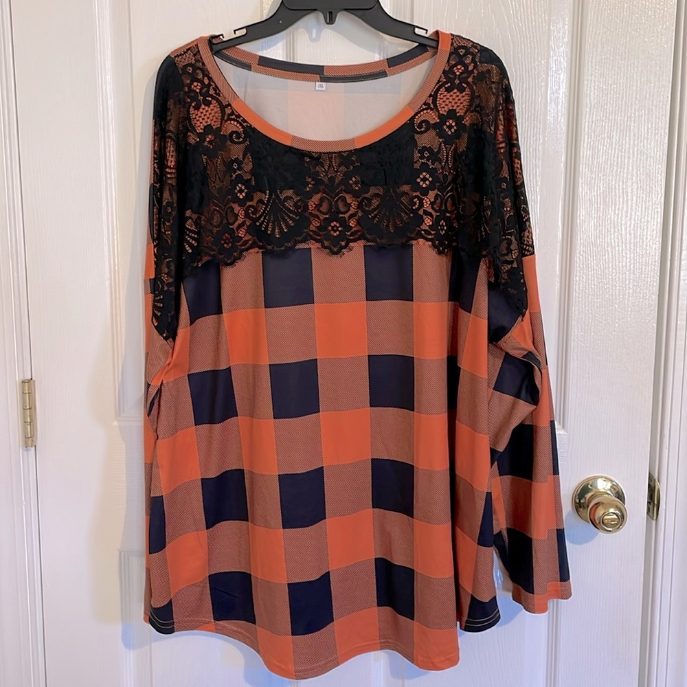 Orange & Black Long Sleeve Lace Pullover Tunic Top, Size 3XL